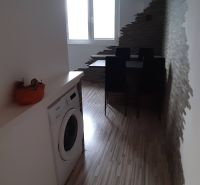 Essbereich mit Holzboden, Waschmaschine und interessanter Wand in einer 2-Zimmer-Wohnung.