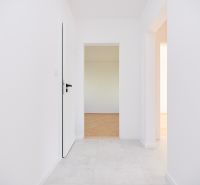 Ein Flur in einer 3-Zimmer-Wohnung mit weißen Wänden und einem Boden in Holzoptik.