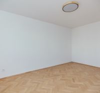 Ein leerer Raum mit weißen Wänden und einem Boden in Holzoptik in einer 3-Zimmer-Wohnung.
