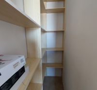 Ein schmaler Raum mit einem Regalsystem und Stauraum in einer Einzimmerwohnung.