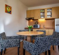 Küchenecke mit Esstisch und Stühlen im Ferienapartment, Boden mit Holzdekor.
