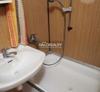 Badezimmer in einem Studio-Apartment mit Badewanne und Waschbecken, Boden mit Holzdekor.