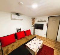 Wohnzimmer in einer Hütte mit Holzboden und roten Accessoires.