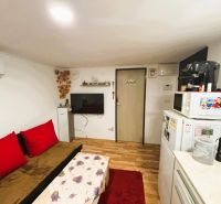 Wohnzimmer in einer Hütte mit Holzboden und roten Elementen.