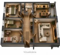 Visualisierung einer 4-Zimmer-Wohnung mit Holzboden und moderner Einrichtung.