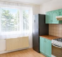 Küche in einer 4-Zimmer-Wohnung mit einem Gasherd, einem schwarzen Kühlschrank und Holzelementen.
