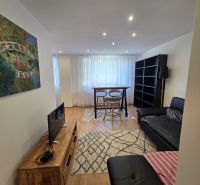 Wohnzimmer in einer 3-Zimmer-Wohnung mit schwarzem Sofa, Fernseher und Holzboden.