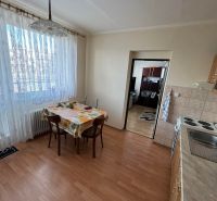 Küche in einer Einzimmerwohnung mit Holzboden und Esstisch.