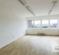 Ein Büro mit weißen Wänden und einem Boden in Holzoptik, große Fenster als Lichtquelle.