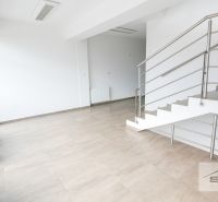 Büros mit Treppe, Glaswand und Boden mit Holzdekor.