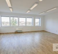 Ein geräumiges Büro mit einem Holzboden und großen Fenstern.