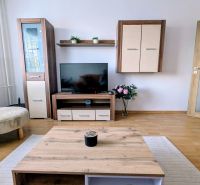 Wohnzimmer einer 2-Zimmer-Wohnung mit Holzboden und TV-Möbeln.