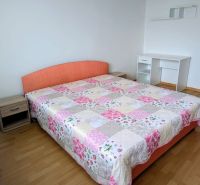 Schlafzimmer in einer 2-Zimmer-Wohnung mit Bett, Schreibtisch und Holzboden.