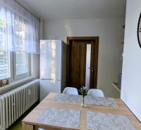 Essbereich in einer 2-Zimmer-Wohnung mit Holztisch und weißen Stühlen.