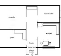 Grundriss einer 2-Zimmer-Wohnung mit Wohnzimmer, Schlafzimmer, Küche, Badezimmer und Flur.
