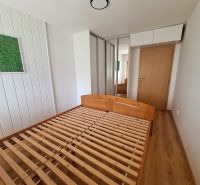 Schlafzimmer in einer 2-Zimmer-Wohnung mit einem Holzbett, einem Einbauschrank und Wanddekoration.