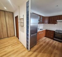Küche in einer 2-Zimmer-Wohnung mit Holzmöbeln und Einbauschrank.