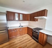Küche in einer 2-Zimmer-Wohnung mit Holzschränken und Küchengeräten.