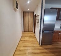 Flur mit Einbauschrank und Küche in einer 2-Zimmer-Wohnung, Holzboden, helle Wände.