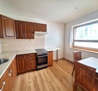 Küche in einer 2-Zimmer-Wohnung mit Einbauschränken und Esstisch.