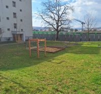 Hof bei einer 2-Zimmer-Wohnung in der Majakovského-Straße in Prešov mit Rasen und Bäumen.