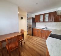 Küche mit Holzmöbeln und Geräten in einer 2-Zimmer-Wohnung.