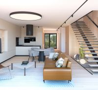 Wohnzimmer mit Küche, Treppe und Holzboden, Grundstücke - Wohnen.
