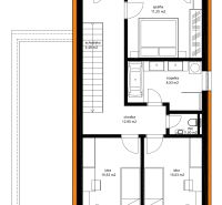 Grundriss eines Einfamilienhauses: drei Zimmer, Badezimmer, WC und Treppe.