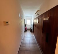 Ein Flur in einem Einfamilienhaus mit Fliesen und Holzverkleidung an der Wand.