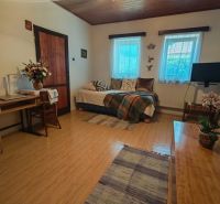 Ein Zimmer mit einem Sofa, einem Holzboden, Blumen und einem Tisch in einem Einfamilienhaus.