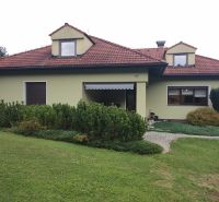 Ein Einfamilienhaus in Trebostovo mit Garten, Schrägdach und grüner Fassade.