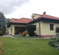 Ein Einfamilienhaus in Trebostovo mit Garten, Rasen, Terrasse und Bäumen im Hof.