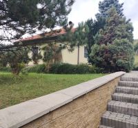 Ein Einfamilienhaus in Trebostovo mit Grünflächen und einer Treppe aus Betonblöcken.