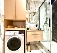 Badezimmer in einer 3-Zimmer-Wohnung mit Dusche, Waschbecken und Waschmaschine.