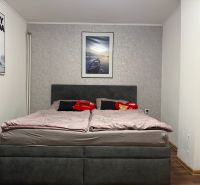 Schlafzimmer in einem Einfamilienhaus mit Bett, Holzboden und Rocky Balboa Poster.