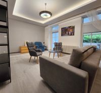 Wohnzimmer mit grauem Sofa, Holzboden und Sesseln in einer Zweizimmerwohnung.