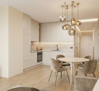 Innenraum einer 1-Zimmer-Wohnung mit Küchenzeile, rundem Tisch und Boden mit Holzdekor.