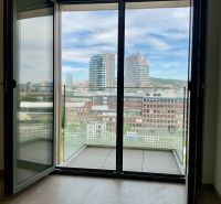 Blick auf das Zentrum von Bratislava aus einer 1-Zimmer-Wohnung mit Balkon und Holzboden.