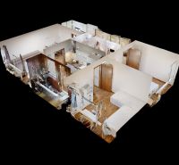 3D Grundriss einer 3-Zimmer-Wohnung mit Holzboden.