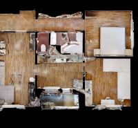 Grundriss einer 3-Zimmer-Wohnung mit den dargestellten einzelnen Räumen und einem Boden in Holzoptik.