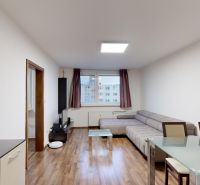 Wohnzimmer in einer 3-Zimmer-Wohnung mit Ecksofa und Boden in Holzoptik.