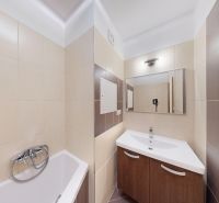 Badezimmer in einer 3-Zimmer-Wohnung mit Dusche, Waschbecken und Fliesen in Brauntönen.
