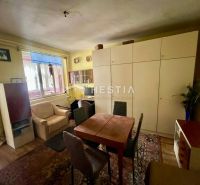 Wohnzimmer in einem Einfamilienhaus mit Schrank und Sofa, Boden mit Holzdekor.