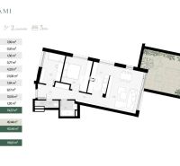 Grundriss einer 3-Zimmer-Wohnung mit Terrasse umfasst Küche, Wohnzimmer, Schlafzimmer und Badezimmer.