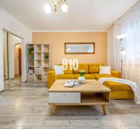 Wohnzimmer in einer 2-Zimmer-Wohnung mit gelbem Sofa und Holzboden.