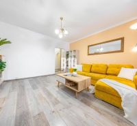 Wohnzimmer in einer 2-Zimmer-Wohnung mit Holzboden und gelbem Sofa.