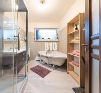 Ein Badezimmer in einem Einfamilienhaus mit Badewanne, Dusche und Möbeln mit Holzdekor.