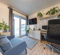 Kanzlei in einem Einfamilienhaus mit Sofa, Schreibtisch, Fernseher und Pflanzen.