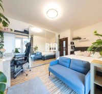 Das Einfamilienhaus bietet einen Boden mit Holzdekor, ein blaues Sofa und eine Arbeitsecke.