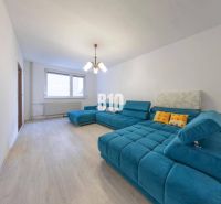 Wohnzimmer in einer Vierzimmerwohnung mit einer türkisfarbenen Couch und einem Boden in Holzoptik.